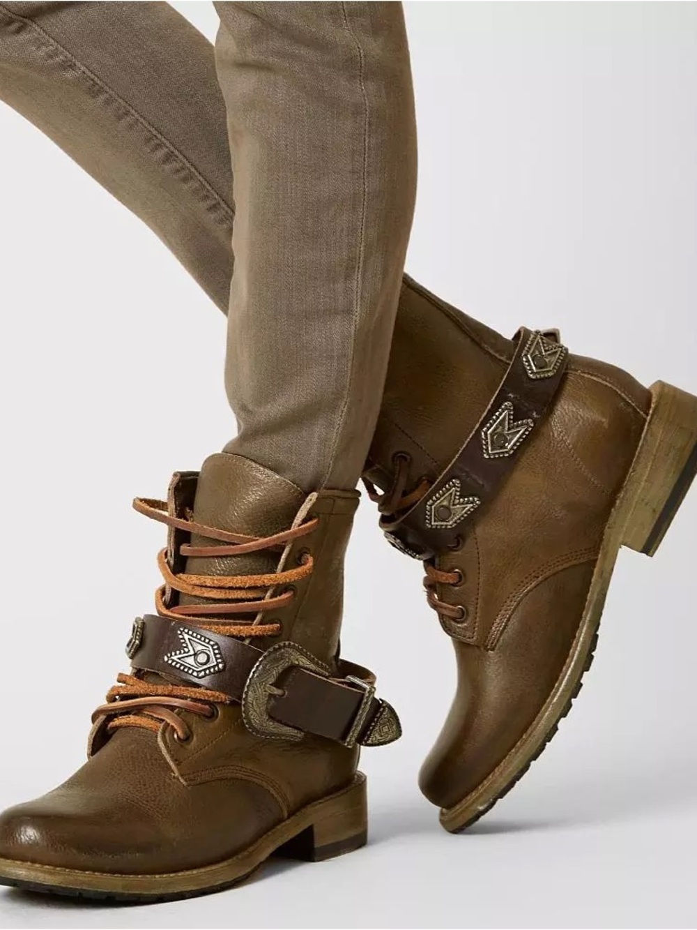 Freebird by Steven Olive Brown Lace-Up Buckle Combat Boots - Discontinued